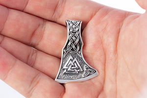 925 Sterling Silver Viking Valknut Triquetra Axe Amulet