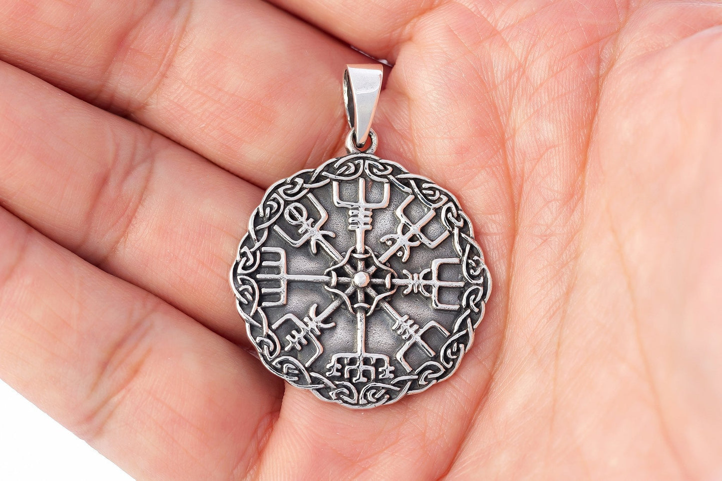 925 Sterling Silver Viking Vegvisir Compass Celtic Knotwork Pendant - SilverMania925