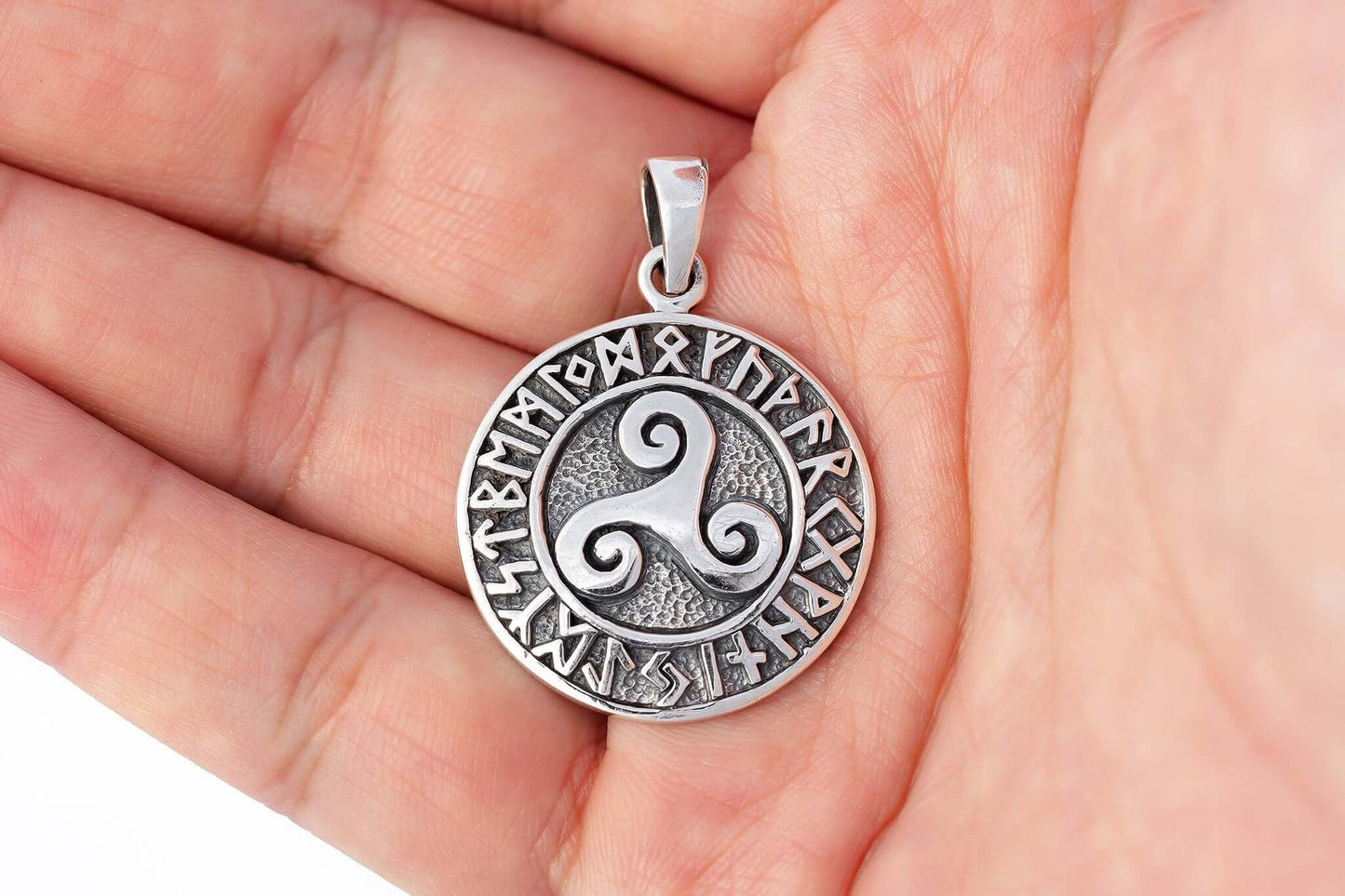 925 Sterling Silver Celtic Triskelion Viking Runes Pendant - SilverMania925