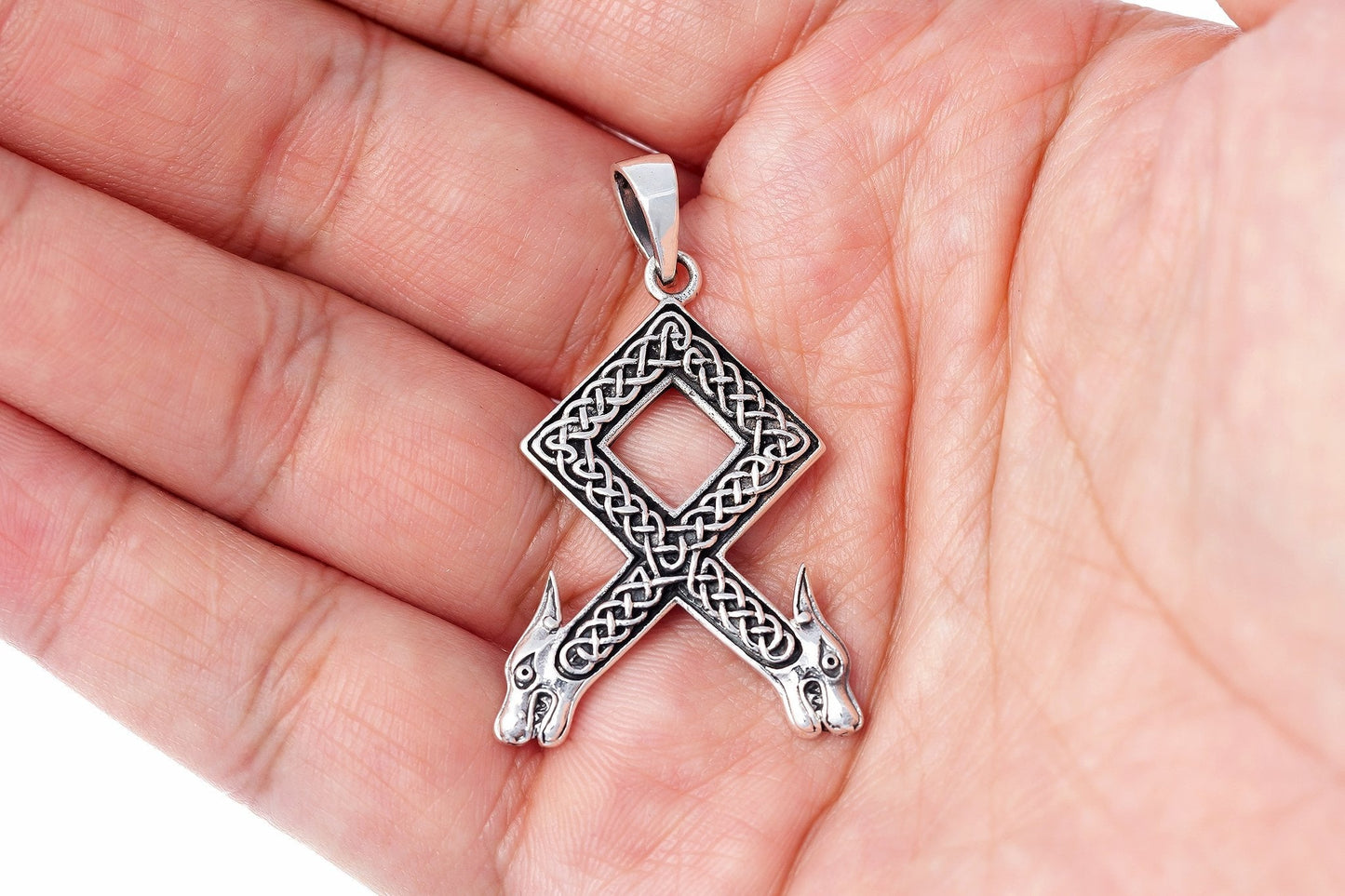 925 Sterling Silver Viking Othala Rune Wolf Heads with Knotwork Pendant - SilverMania925