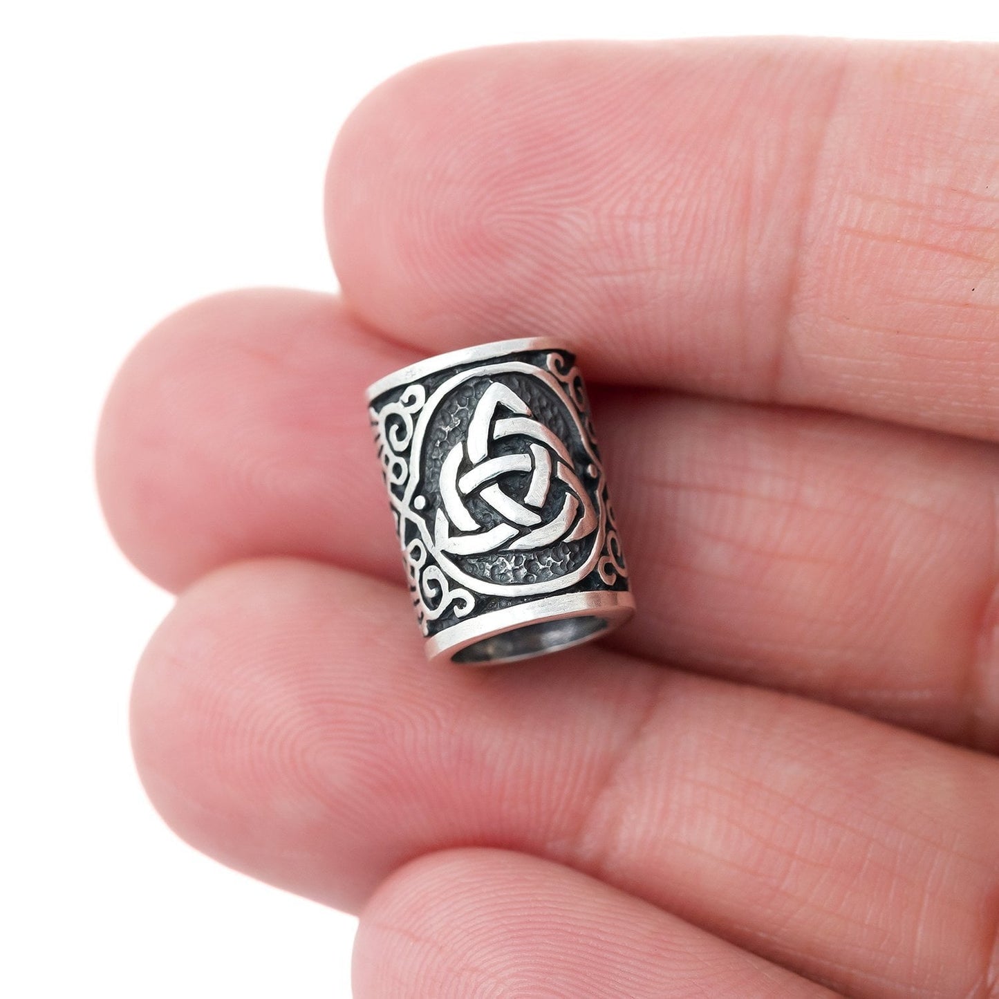 Sterling Silver Viking Beard Bead with Triquetra and Celtic Knotwork - SilverMania925
