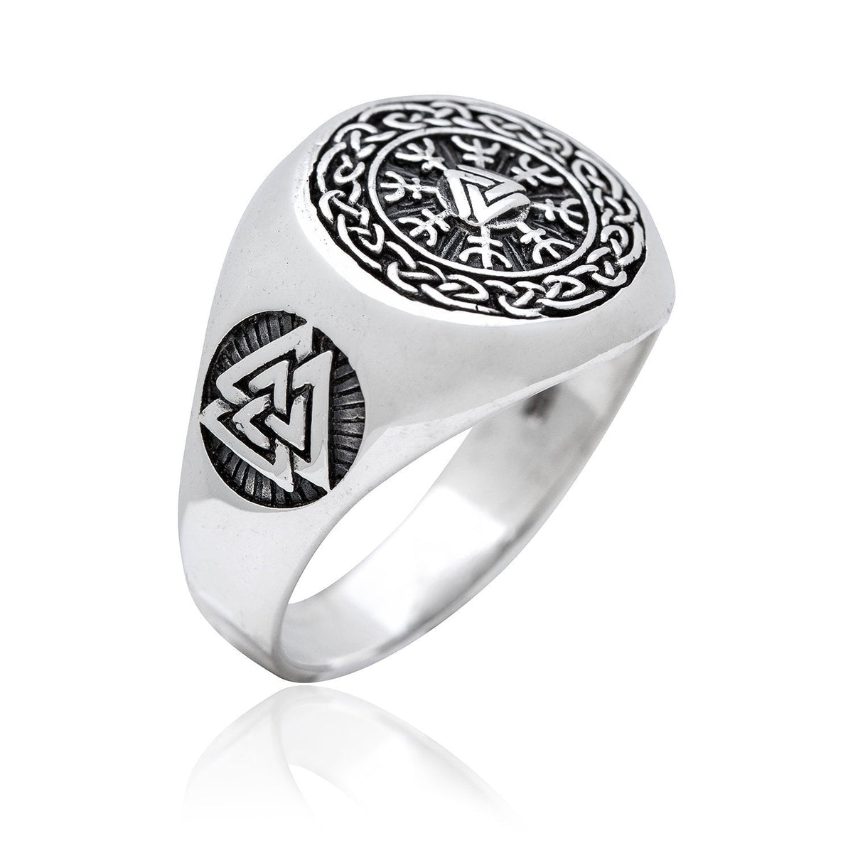 925 Sterling Silver Valknut Viking Helm of Awe Aegishjalmur Ring - SilverMania925