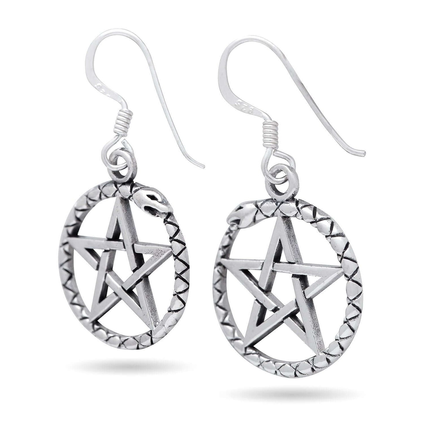 925 Sterling Silver Ouroboros Serpent Dragon Jormungand Pentagram Earrings Set - SilverMania925