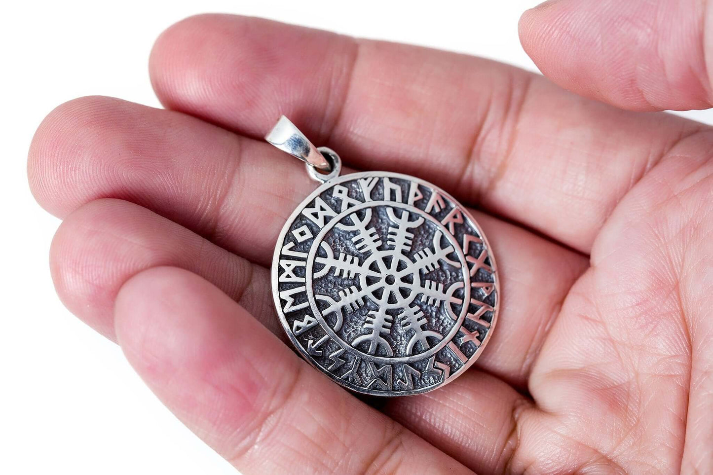 925 Sterling Silver Helm of Awe Pendant with Runes - SilverMania925