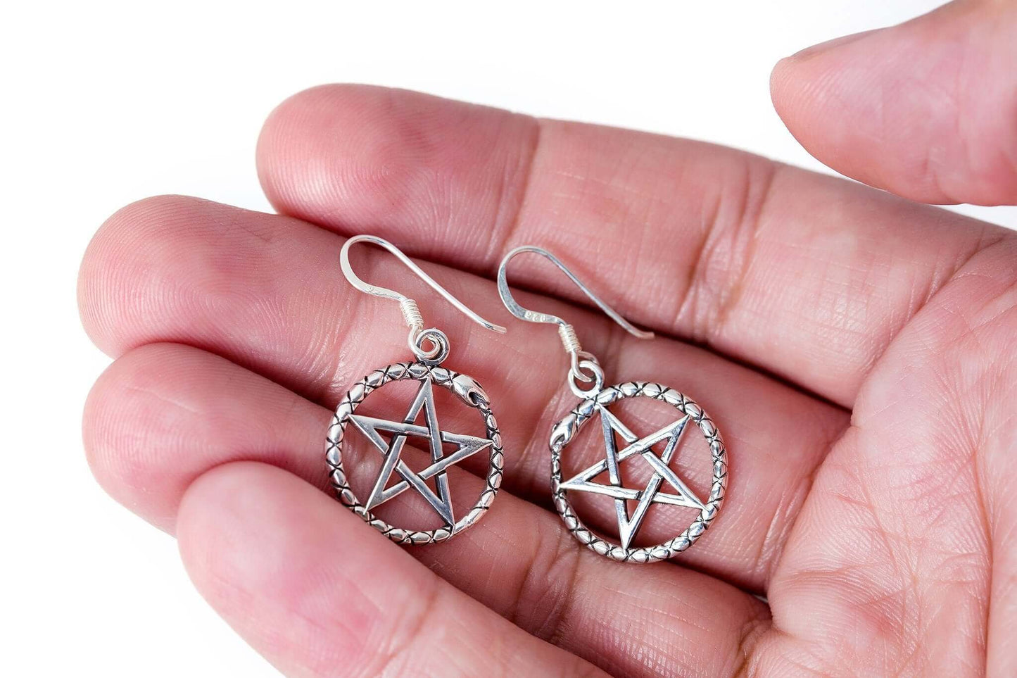 925 Sterling Silver Ouroboros Serpent Dragon Jormungand Pentagram Earrings Set - SilverMania925