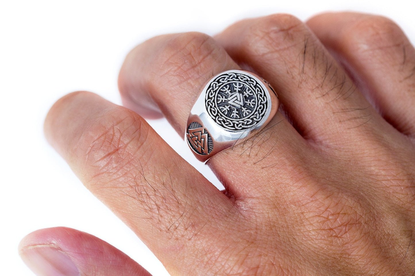 925 Sterling Silver Valknut Viking Helm of Awe Aegishjalmur Ring - SilverMania925