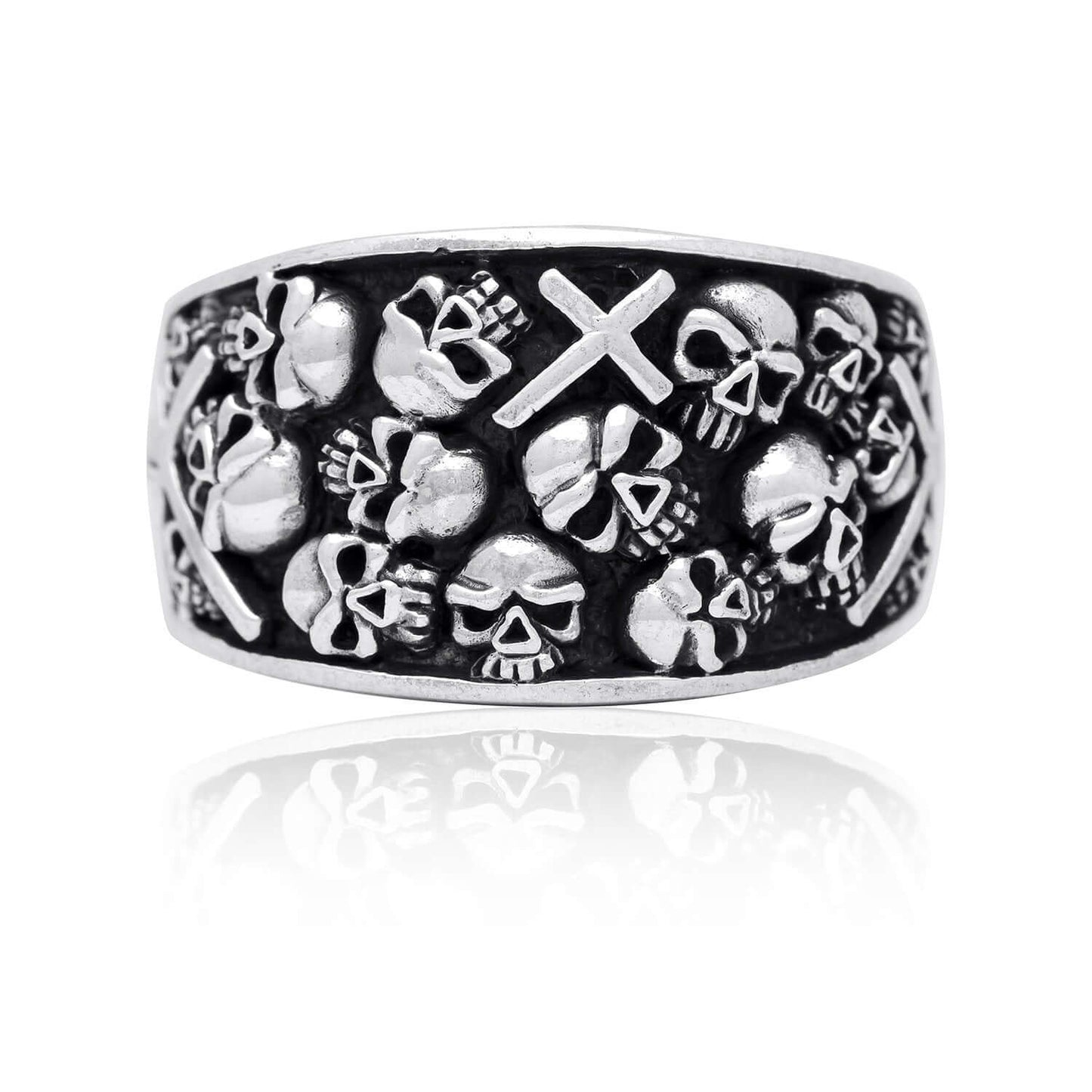925 Sterling Silver Handcrafted Skulls Cross Gothic Biker Ring - SilverMania925