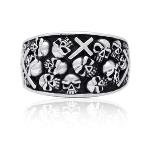 925 Sterling Silver Handcrafted Skulls Cross Gothic Biker Ring