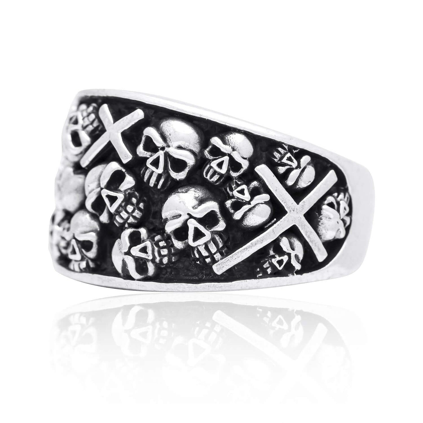 925 Sterling Silver Handcrafted Skulls Cross Gothic Biker Ring - SilverMania925