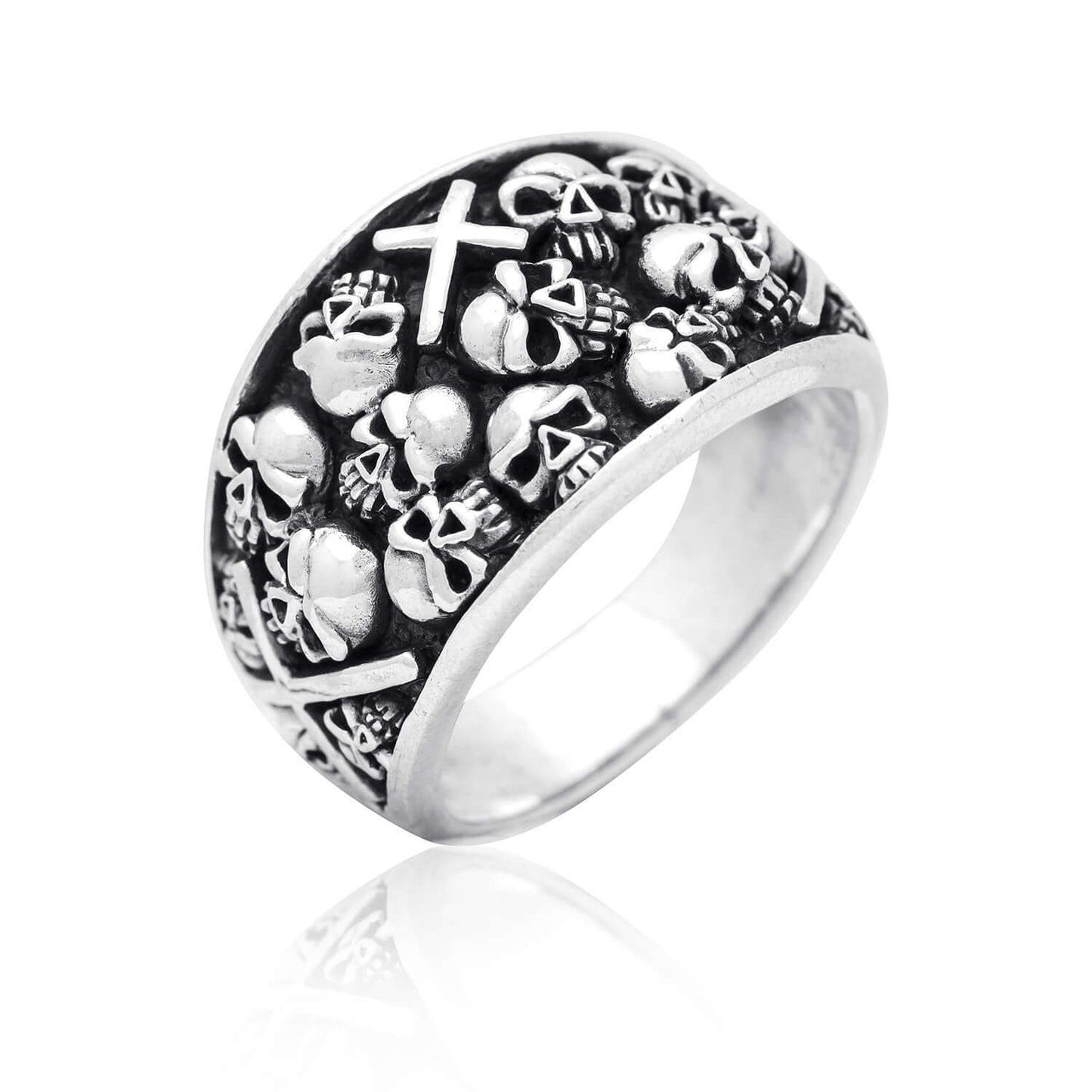 925 Sterling Silver Handcrafted Skulls Cross Gothic Biker Ring - SilverMania925