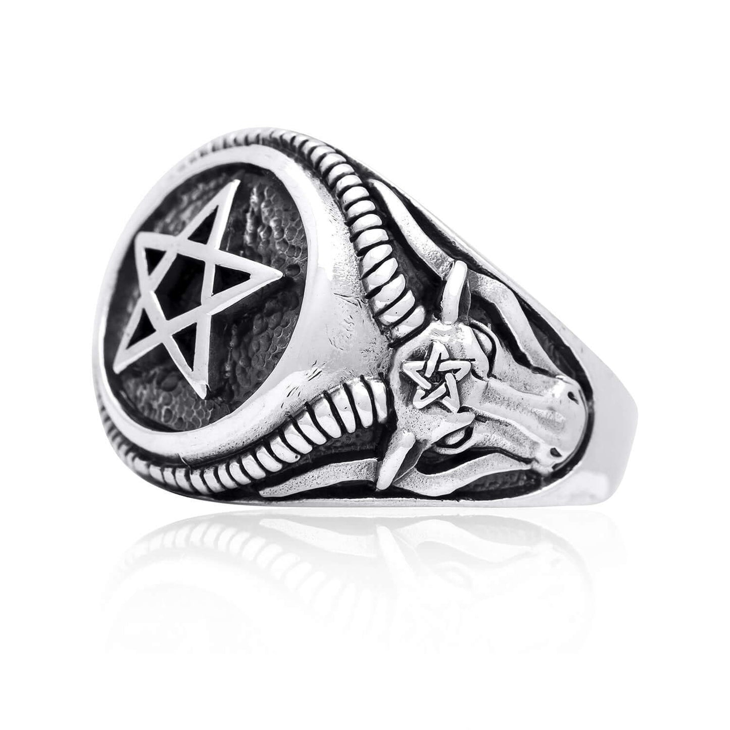 925 Sterling Silver Inverted Pentagram Goat of Mendes Satanic Ring - SilverMania925