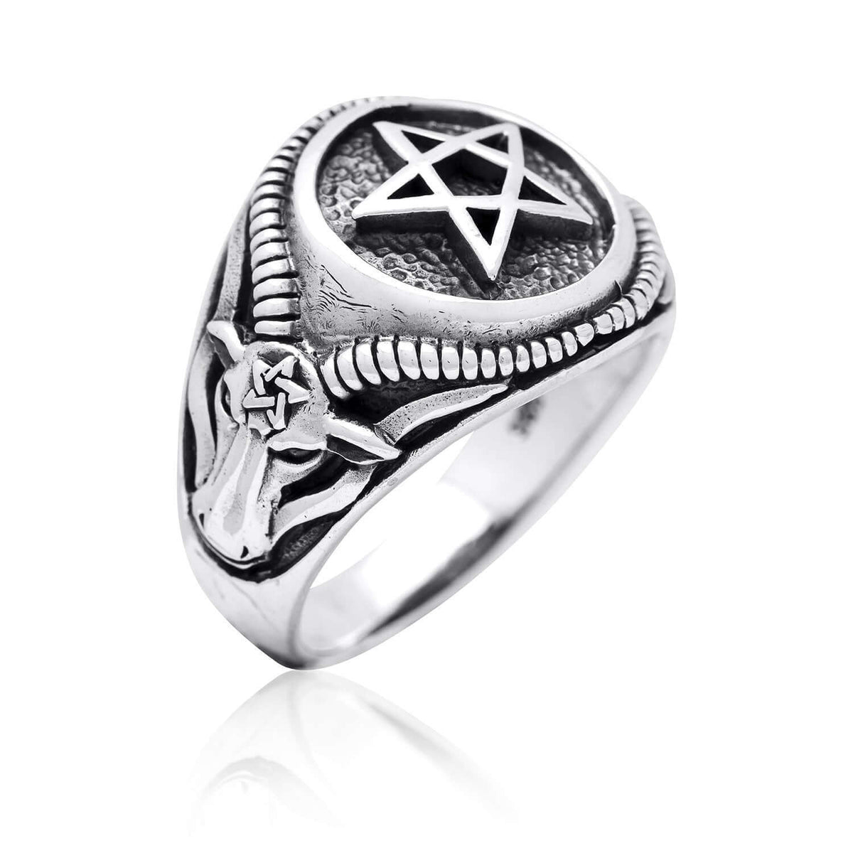 925 Sterling Silver Inverted Pentagram Goat of Mendes Satanic Ring - SilverMania925