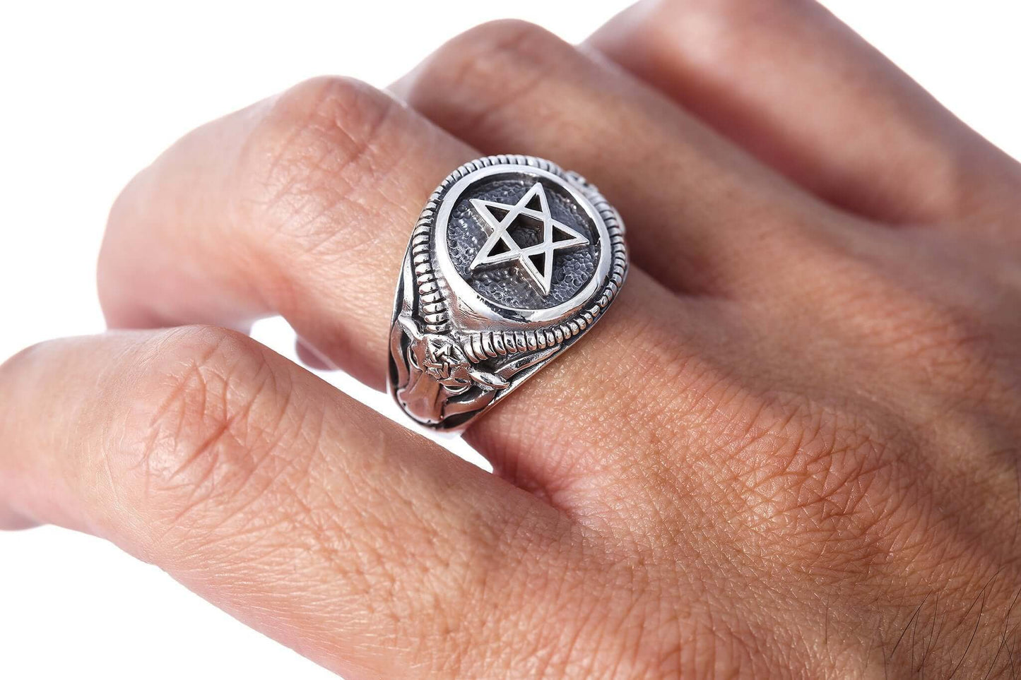 925 Sterling Silver Inverted Pentagram Goat of Mendes Satanic Ring - SilverMania925