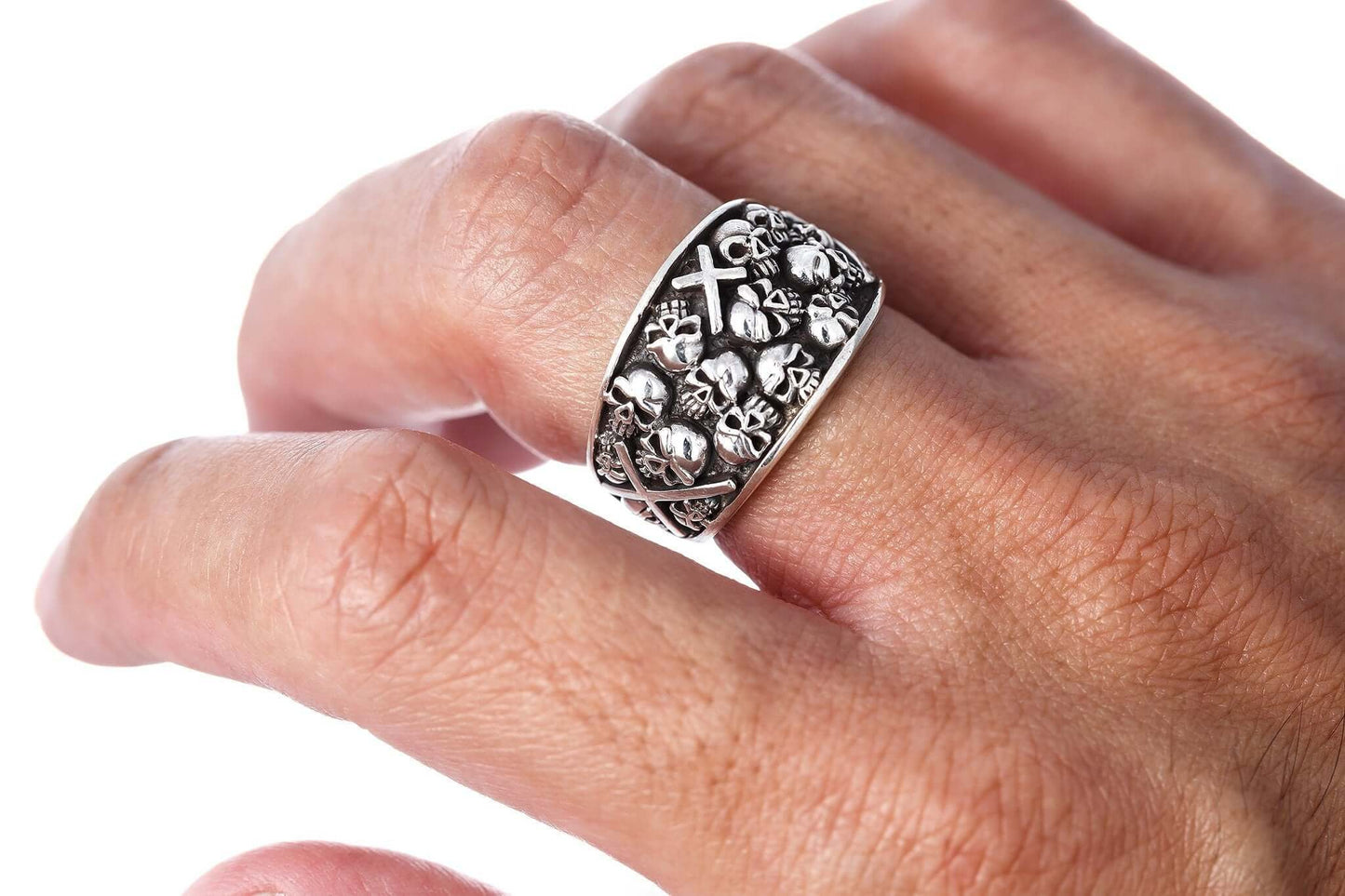 925 Sterling Silver Handcrafted Skulls Cross Gothic Biker Ring - SilverMania925