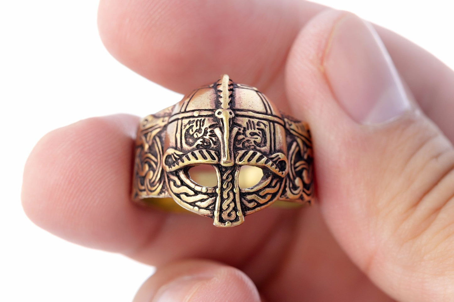 Viking Gjermundbu Helmet Bronze Ring with Dragons - SilverMania925