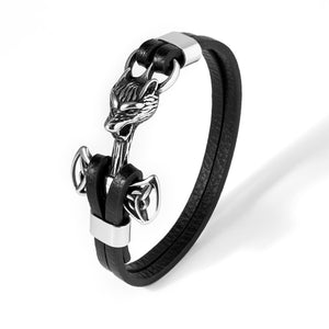 Stainless Steel Viking Mjolnir Black Leather Bracelet with Wolf