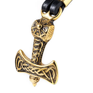 Gold Plated Stainless Steel Viking Mjolnir Black Leather Bracelet
