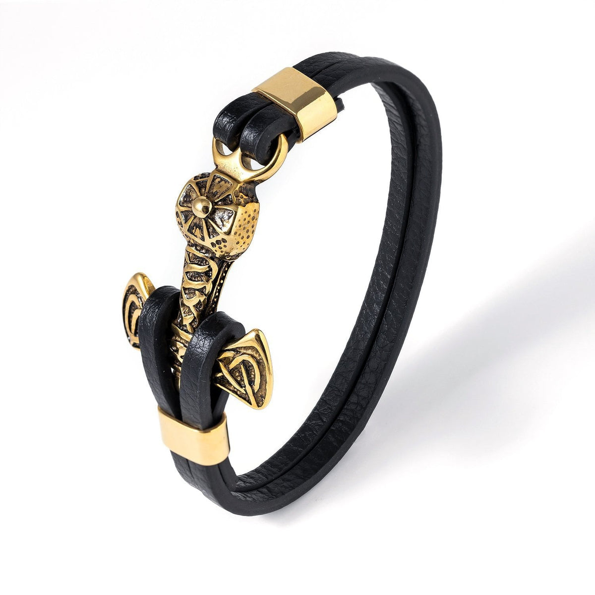 Gold Plated Stainless Steel Viking Mjolnir Black Leather Bracelet - SilverMania925