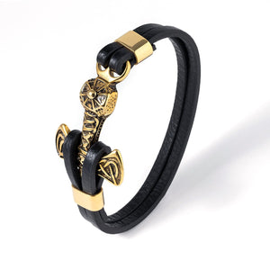 Gold Plated Stainless Steel Viking Mjolnir Black Leather Bracelet