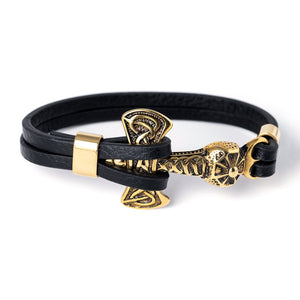 Gold Plated Stainless Steel Viking Mjolnir Black Leather Bracelet