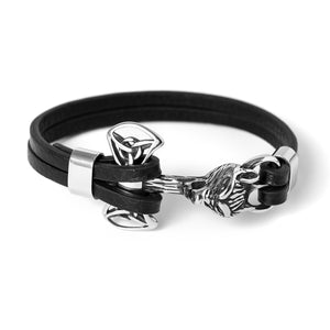 Stainless Steel Viking Mjolnir Black Leather Bracelet with Wolf