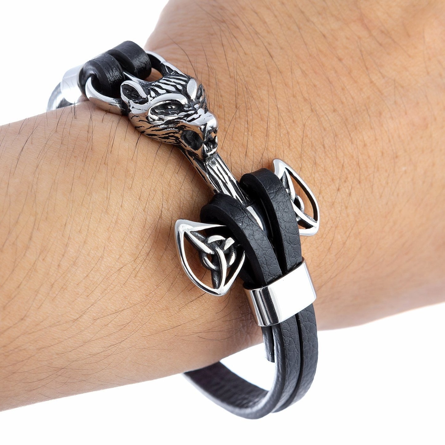 Stainless Steel Viking Mjolnir Black Leather Bracelet with Wolf - SilverMania925
