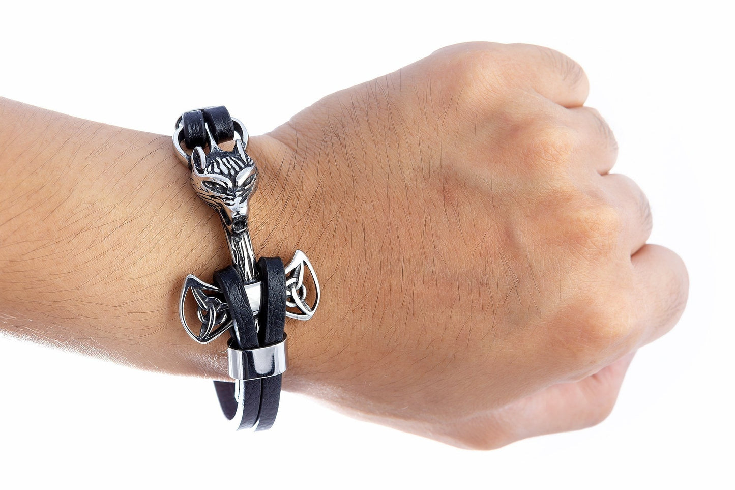 Stainless Steel Viking Mjolnir Black Leather Bracelet with Wolf - SilverMania925