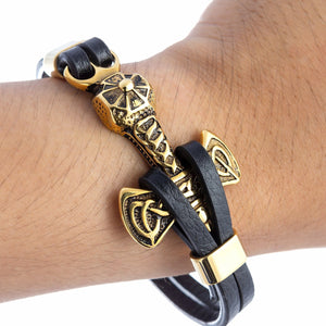 Gold Plated Stainless Steel Viking Mjolnir Black Leather Bracelet