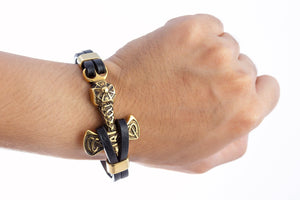 Gold Plated Stainless Steel Viking Mjolnir Black Leather Bracelet