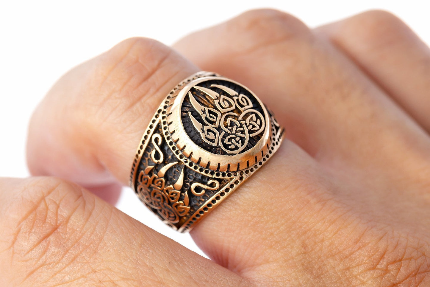Viking Bear Claw Signet Ring Handcrafted from Bronze - SilverMania925