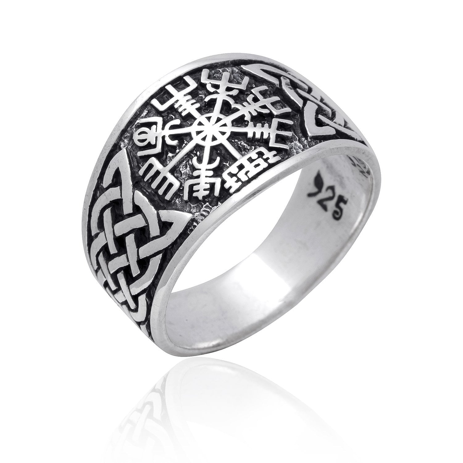 925 Sterling Silver Viking Vegvisir Norse Compass Knotwork Ring - SilverMania925
