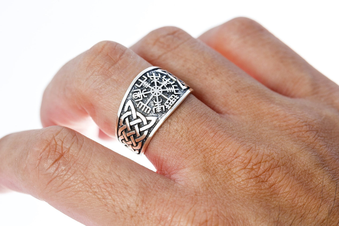 925 Sterling Silver Viking Vegvisir Norse Compass Knotwork Ring - SilverMania925