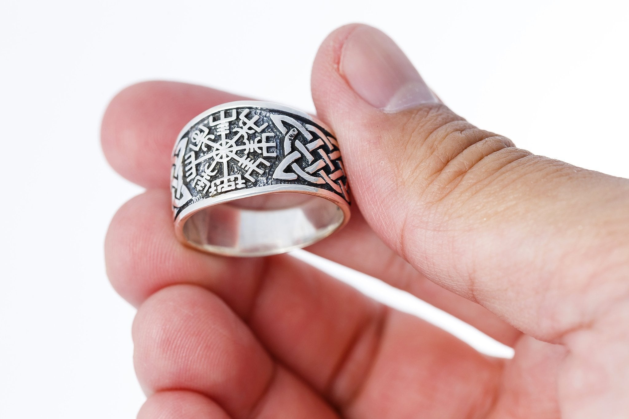 925 Sterling Silver Viking Vegvisir Norse Compass Knotwork Ring - SilverMania925