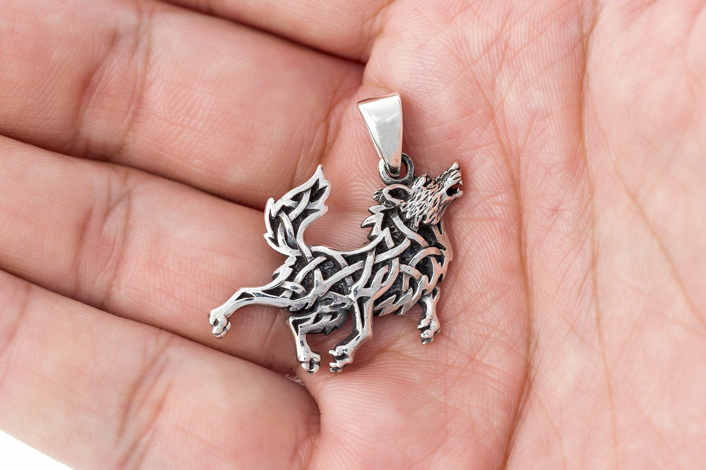 925 Sterling Silver Viking Wolf with Knotwork Amulet - SilverMania925