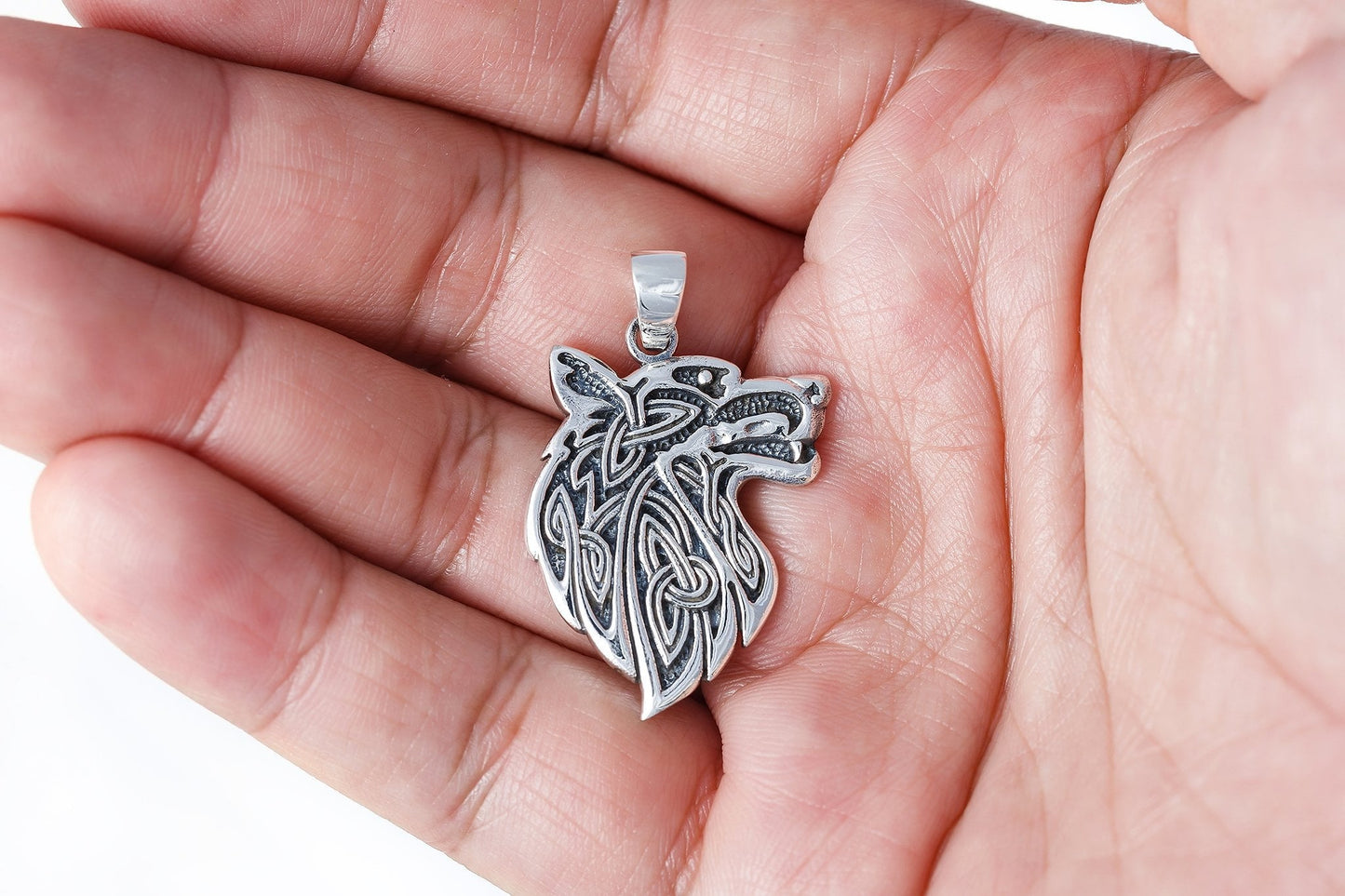 925 Sterling Silver Viking Wolf Fenrir Head Motif Norse Amulet Pendant - SilverMania925