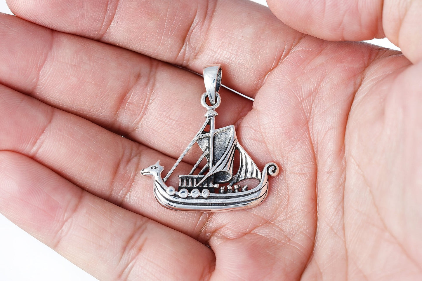 925 Sterling Silver Viking Norse Boat Ship Solid Pendant - SilverMania925
