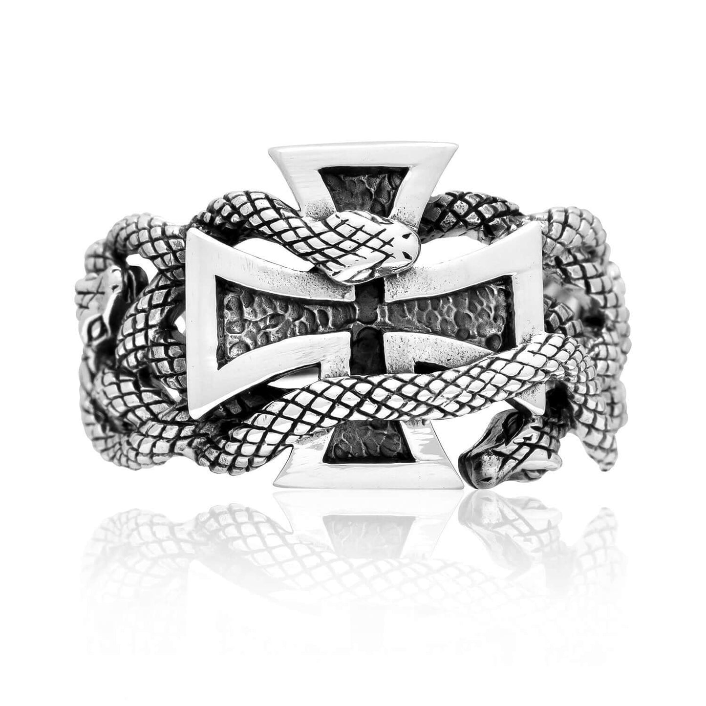 925 Sterling Silver Iron Cross Snake Masonic Biker Ring - SilverMania925