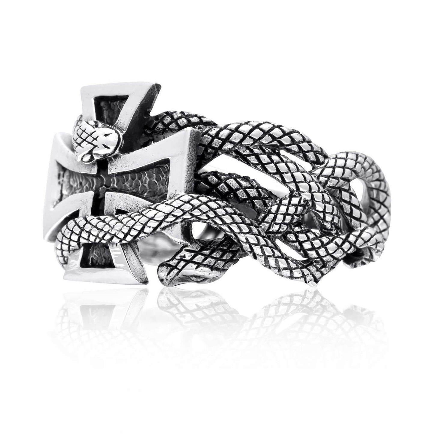 925 Sterling Silver Iron Cross Snake Masonic Biker Ring - SilverMania925