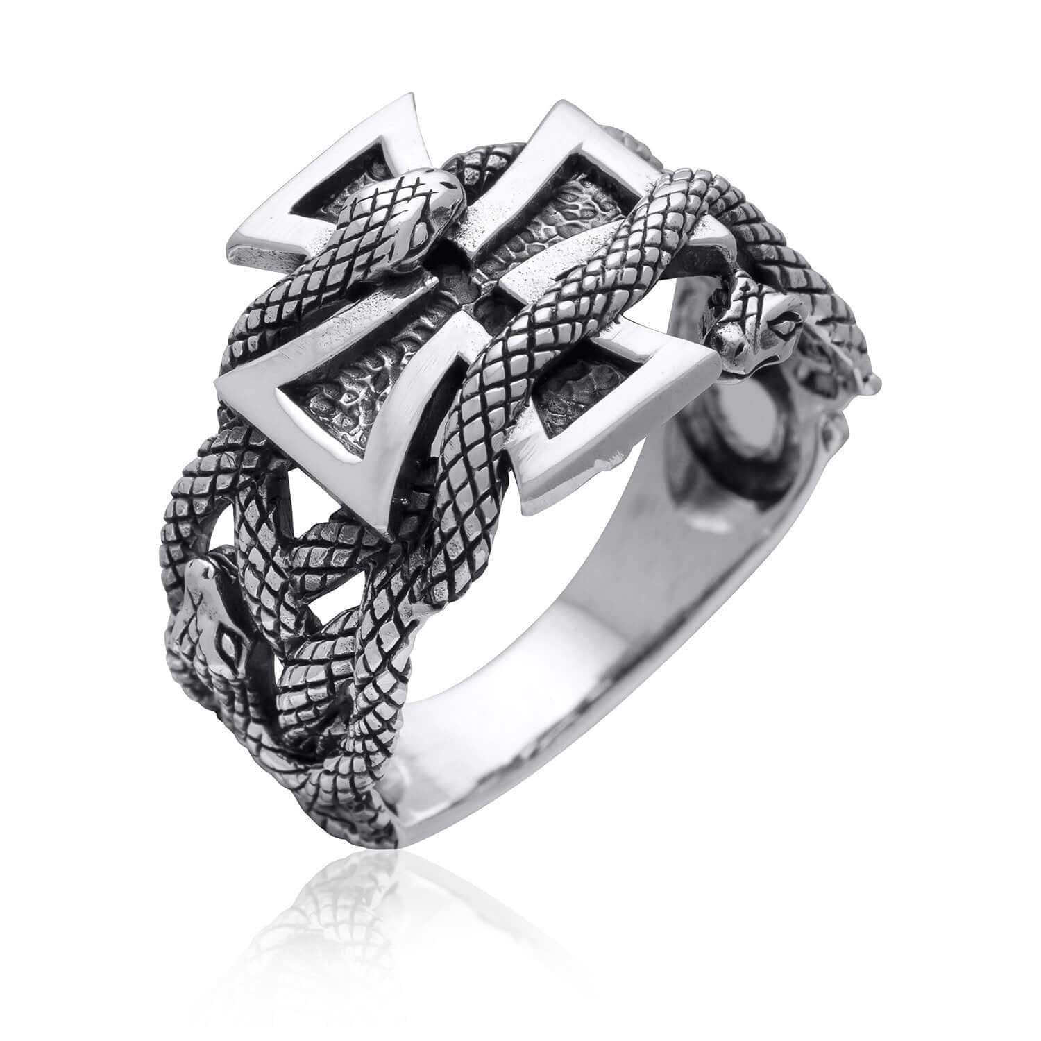 925 Sterling Silver Iron Cross Snake Masonic Biker Ring