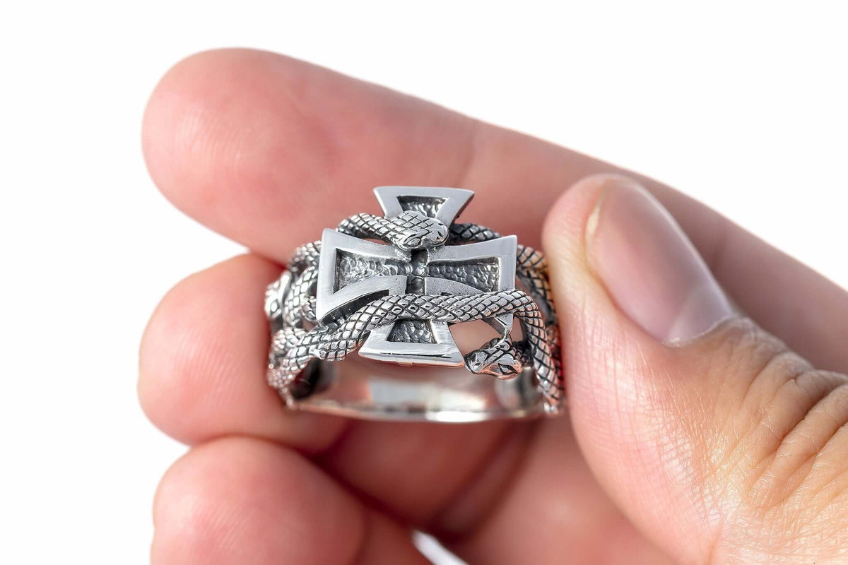 925 Sterling Silver Iron Cross Snake Masonic Biker Ring