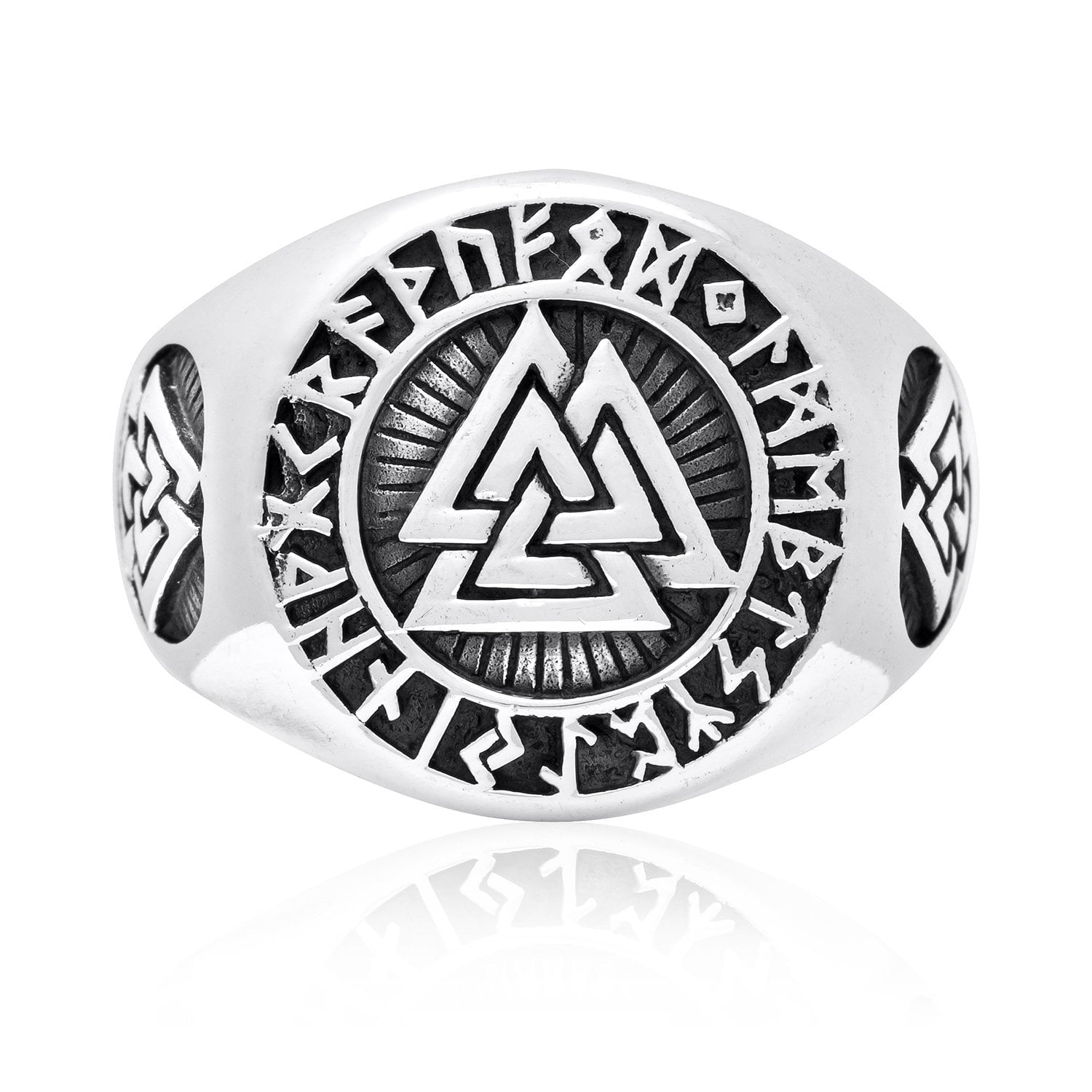 925 Sterling Silver Valknut Ring with Runes - SilverMania925