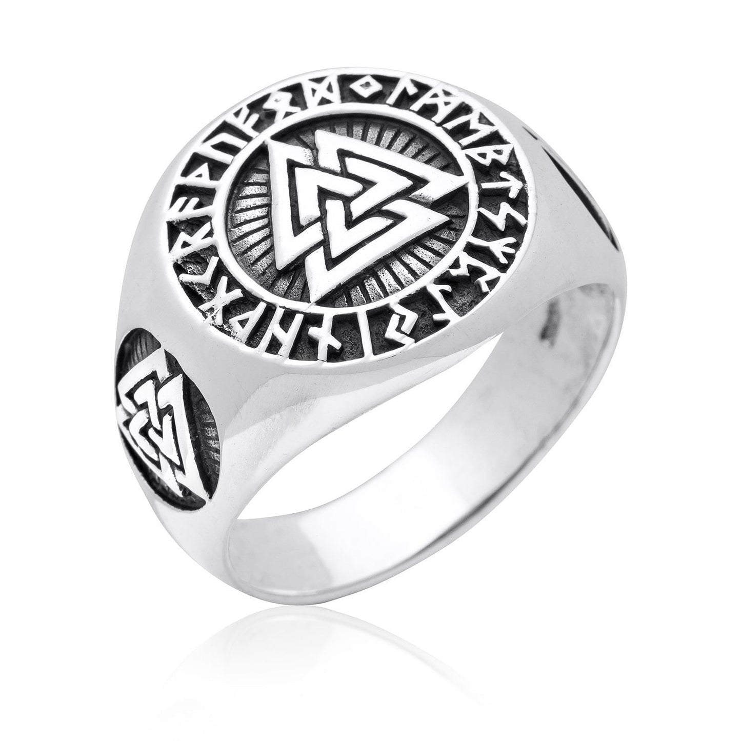 925 Sterling Silver Valknut Ring with Runes - SilverMania925