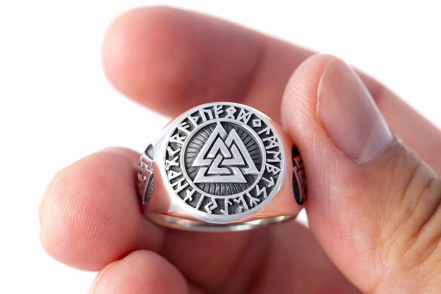 925 Sterling Silver Valknut Ring with Runes - SilverMania925