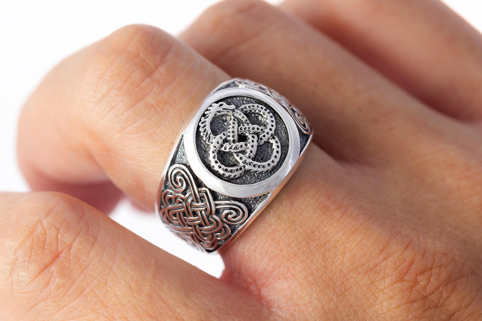 925 Sterling Silver Ouroboros Ring with Mammen Knotwork - SilverMania925