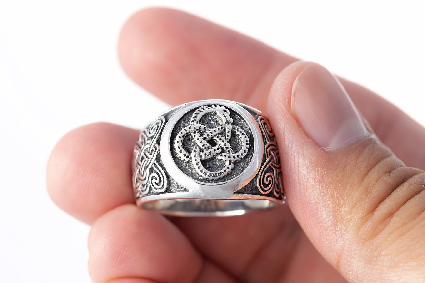 925 Sterling Silver Ouroboros Ring with Mammen Knotwork - SilverMania925