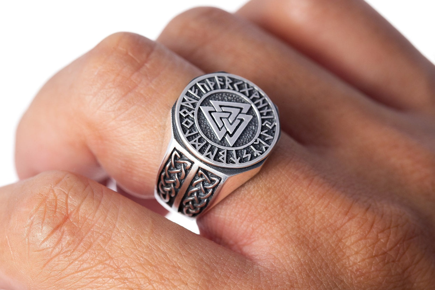 925 Sterling Silver Valknut Norse Runes Knotwork Viking Jewelry Ring - SilverMania925