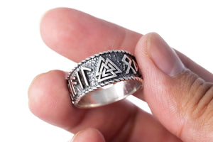 925 Sterling Silver Viking Valknut Runes Legendary Band Ring