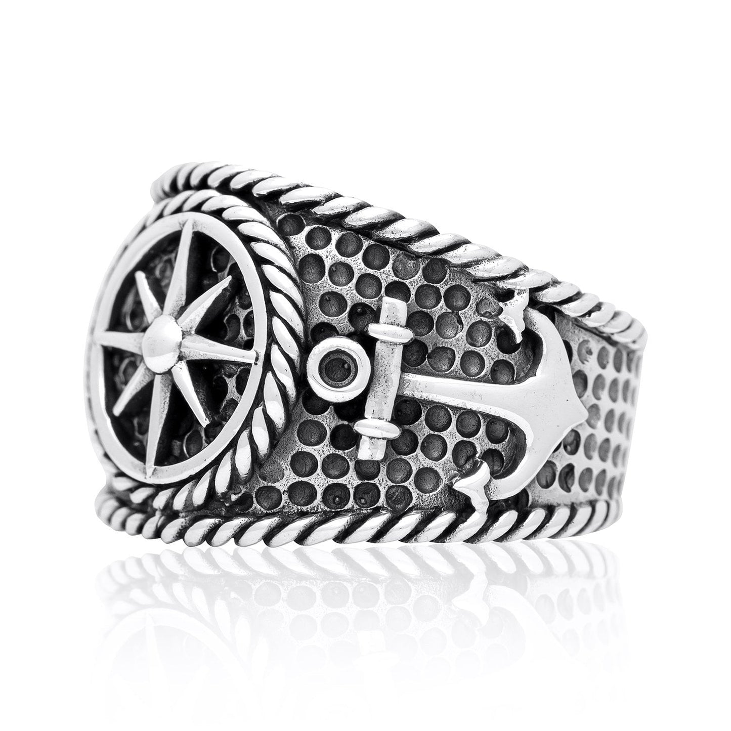 925 Sterling Silver Vintage Anchor Nautical Compass Sailor Signet Ring - SilverMania925