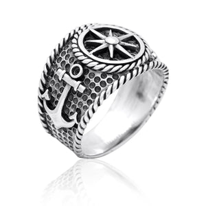 925 Sterling Silver Vintage Anchor Nautical Compass Sailor Signet Ring