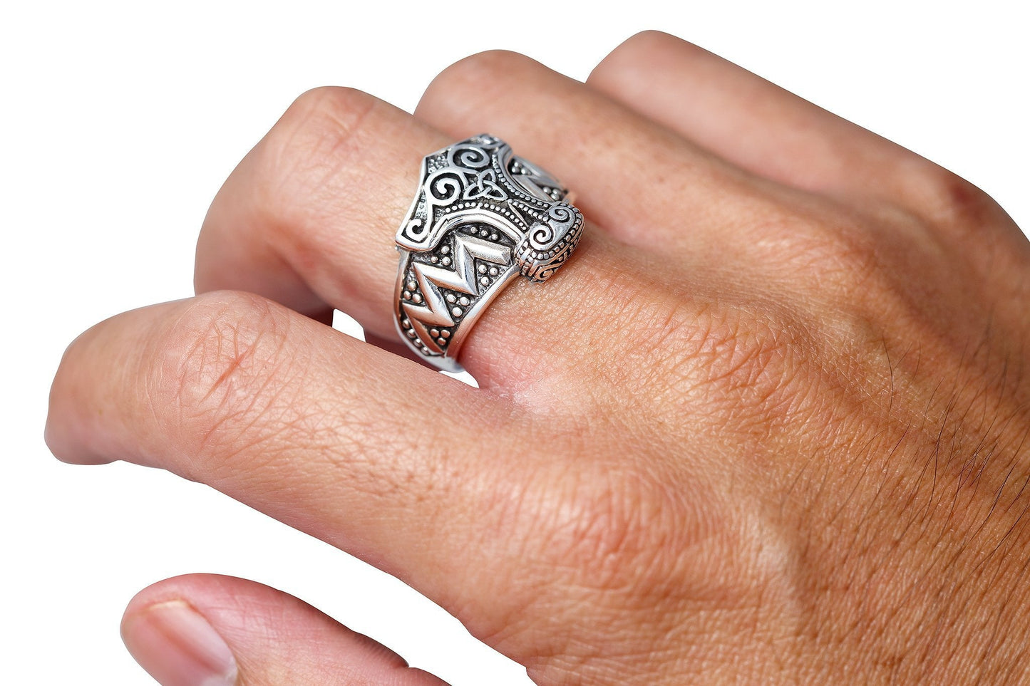 925 Sterling Silver Viking Thor Hammer Mjolnir Celtic Knot Biker Ring - SilverMania925